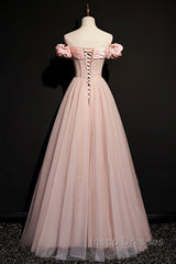 Pink Tulle Long A Line Evening Prom Dress Pink Evening Dress