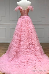 Pink Tulle Long A-Line Prom Dress, Pink Sweetheart Neckline Evening Gown