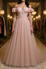 Pink tulle off shoulder long Evening Prom Dress, pink tulle formal Dress