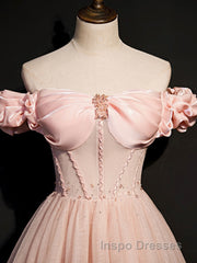 Pink tulle off shoulder long Evening Prom Dress, pink tulle formal Dress