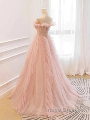 Pink Tulle Ruffles Off The Shoulder Long Evening Prom Dress