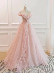 Pink Tulle Ruffles Off The Shoulder Long Evening Prom Dress