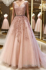 Pink V Neck Long Lace Evening Prom Dress, Pink V Neck Long Lace Formal Evening Dress