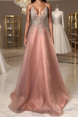 Pink v neck tulle beads long Evening Prom Dress pink evening Dress