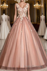 Pink v neck tulle lace long Evening Prom Dress pink tulle formal Dress