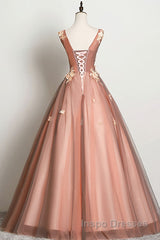 Pink v neck tulle lace long Evening Prom Dress pink tulle formal Dress