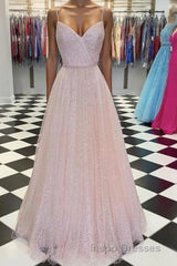Pink v neck tulle sequin long Evening Prom Dress pink tulle formal Dress