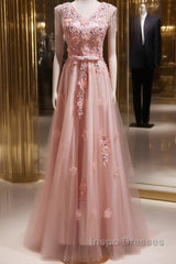 Pink V-Neckline Tulle Beaded With Lace Applique Evening Prom Dress, Pink Party Dress