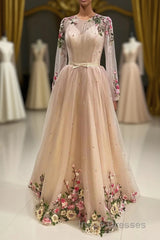 A Line Tulle Long Evening Prom Dress with Flowers, Pink Long Sleeves Party Dress with Beading