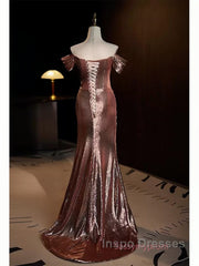 Pleat Trumpet Mermaid Coffee Sequin Evening Prom Dress With Slit
