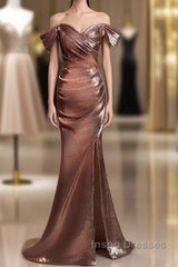 Pleat Trumpet Mermaid Coffee Sequin Evening Prom Dress With Slit