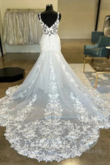 Plunging V Neck Appliques Trumpet Sweeping Wedding Dress