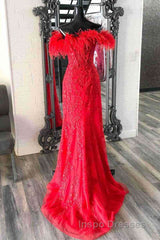 Plunging V-Neck Red Feather Shoulder Long Evening Prom Dress Gala Evening Prom Gown