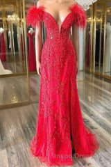 Plunging V-Neck Red Feather Shoulder Long Evening Prom Dress Gala Evening Prom Gown