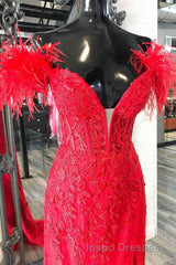 Plunging V-Neck Red Feather Shoulder Long Evening Prom Dress Gala Evening Prom Gown
