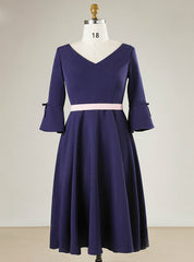 Plus Size Blue Satin Half Sleeve Prom Dress