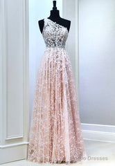 Pink Lace Long Prom Dresses, One Shoulder Evening Party Dresses