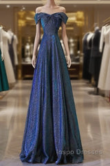Pretty A Line Off The Shoulder Blue Sequin Long Evening Prom Dress Evening Gowns