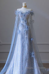 Pretty A Line Off The Shoulder Floor-Length Blue Sequin Short Sleeves Evening Dress Evening Prom Dress