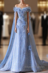 Pretty A Line Off The Shoulder Floor-Length Blue Sequin Short Sleeves Evening Dress Evening Prom Dress