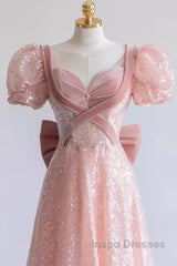 Pretty A Line Sweetheart Short Sleeves Long Evening Party Dress Pink Evening Prom Dress