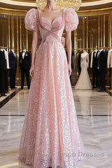 Pretty A Line Sweetheart Short Sleeves Long Evening Party Dress Pink Evening Prom Dress