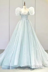 Pretty Ball Gown Square Neckline Short Sleeves Long Evening Party Dress Evening Prom Dress