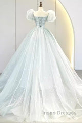 Pretty Ball Gown Square Neckline Short Sleeves Long Evening Party Dress Evening Prom Dress