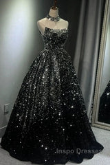 Pretty Ball Gown Strapless Black Sequin Evening Prom Dress Evening Dress
