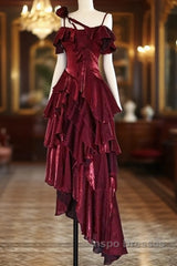 Pretty Irregular Ruffled Spaghetti Straps Burgundy Evening Prom Dress With Detachable Rose Long Birthday Dress For Women