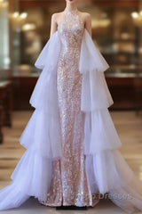 Pretty Mermaid High Neckline Sequin Beads Long Evening Prom Dress Formal Evening Dress