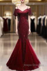 Pretty Mermaid Off The Shoulder Burgundy Sequin Long Evening Dress Evening Prom Dress