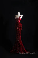 Pretty Mermaid Spaghetti Straps Sequin Beads Burgundy Long Evening Prom Dress Formal Evening Dress