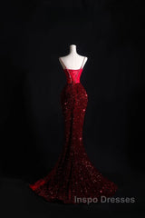 Pretty Mermaid Spaghetti Straps Sequin Beads Burgundy Long Evening Prom Dress Formal Evening Dress