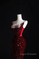Pretty Mermaid Spaghetti Straps Sequin Beads Burgundy Long Evening Prom Dress Formal Evening Dress