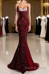 Pretty Mermaid Spaghetti Straps Sequin Beads Burgundy Long Evening Prom Dress Formal Evening Dress