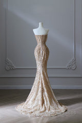 Pretty Mermaid Strapless Gold Sequin Beads Long Evening Prom Dress Formal Evening Dress