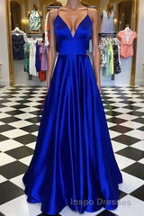 Pretty Royal Blue A-line Spaghetti Straps Evening Prom Dress, Evening Prom Dress
