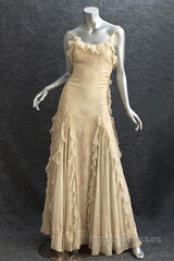 Pretty Sheath Spaghetti Straps Yellow Floor Length Evening Dress Chiffon Evening Prom Dress