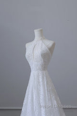 Princess A Line High Neckline White Lace Long Wedding Dress Brides Dress