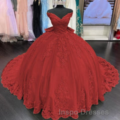 Princess Lace Off Shoulder Gold Quinceanera Dress Applique With Bow