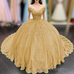 Princess Lace Off Shoulder Gold Quinceanera Dress Applique With Bow