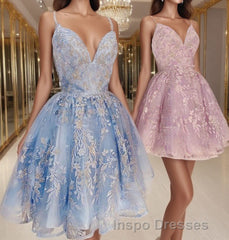 princess pink short homecoming Dress, light sky blue formal homecoming Dress, lace hoco Dress for teens