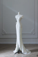 Princess Sheath High Neckline White Sequin Long Wedding Dress Brides Dress