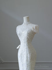 Princess Sheath High Neckline White Sequin Long Wedding Dresses Brides Dress