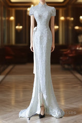 Princess Sheath High Neckline White Sequin Long Wedding Dress Brides Dress