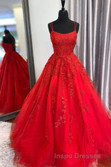 Princess Straps Long Evening Prom Dress with Lace Appliques,Evening Prom Gowns