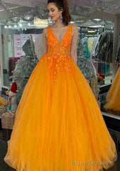Princess V Neck Long/Floor-Length Tulle Prom Dresses With Appliqued
