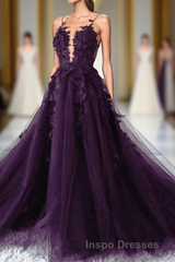 Dark Purple Tulle With Lace Applique Long Wedding Party Dress, Purple Formal Dress