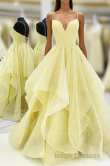 Light Yellow Tulle Straps Long Evening Prom Gown, Lace-Up Tulle Evening Prom Dress